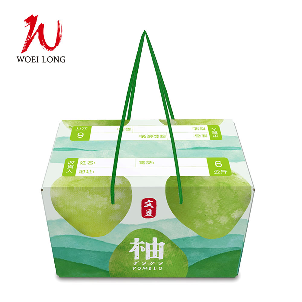 品名:山青柚綠-文旦提繩柚盒(綠棉繩) / 尺寸:36.5＊23＊23公分 / 材質:A浪 / 數量:50pcs(最低購買量)
